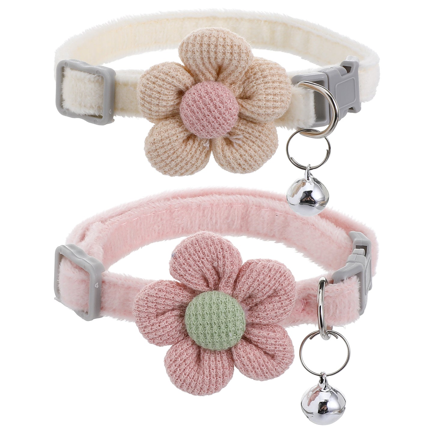 2PCS Small Dog Collar with Flower, Breakaway Cat Collars with Bells, Adjustable Pet Collar, Cute Flower Pet Collars for Cats, Dogs, Kittens and Puppies (Pink, White)