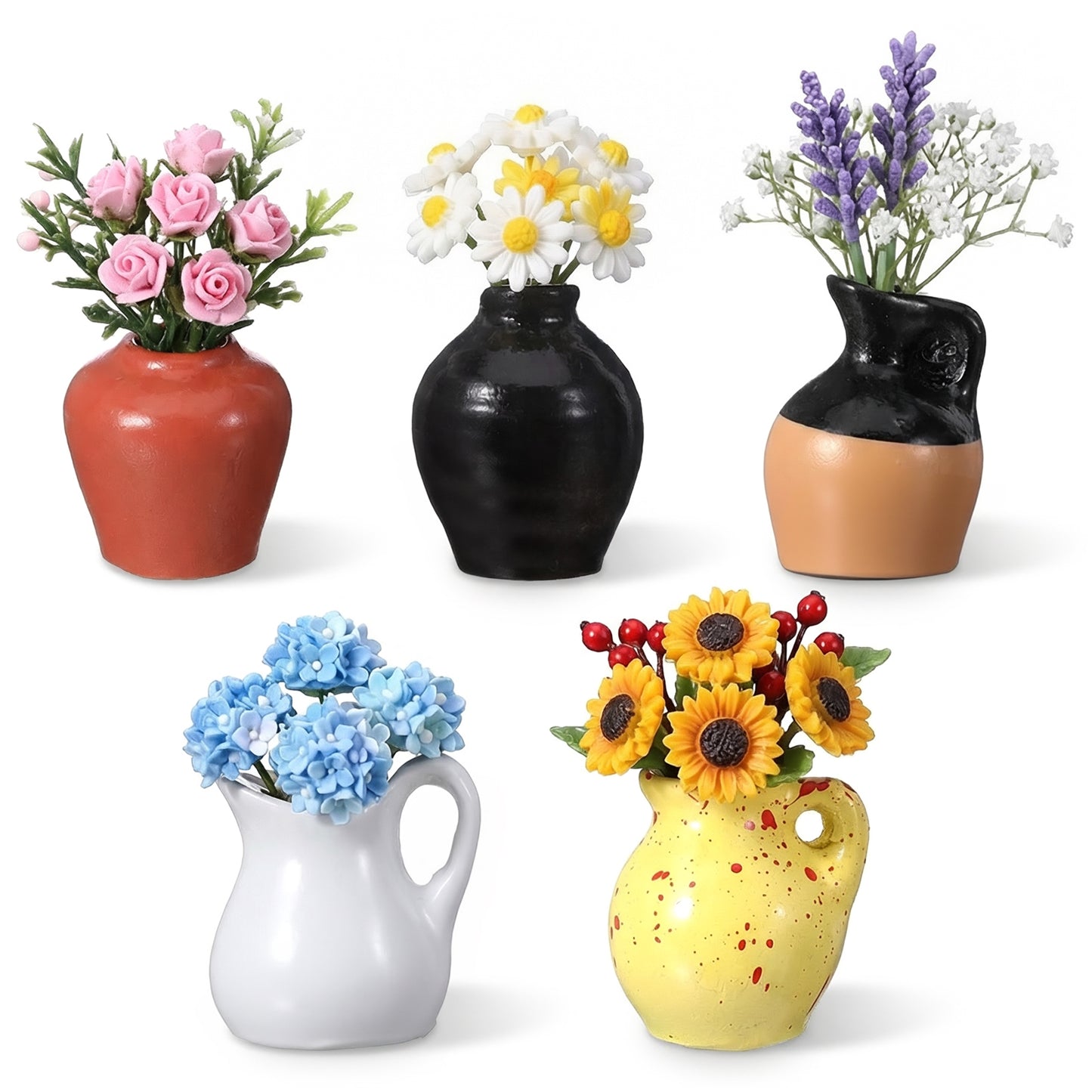 Grevosea 5 Pcs Mini Ceramic Vase Fridge Magnets, Cute Tiny Vase Magnets for Fridge Refrigerator Office and Kitchen Cabinet Locker Decoration (Without Artificial Flowers)