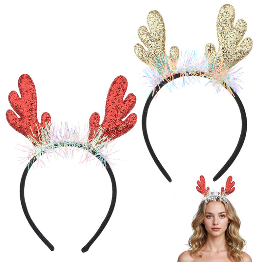 Thinp Deer Antlers Headband, Reindeer Antlers Headband Christmas Headband Deer Ears Headband Christmas Hair Accessories Party Cosplay Deer Costume for Women Christmas Halloween (Gold+Red)