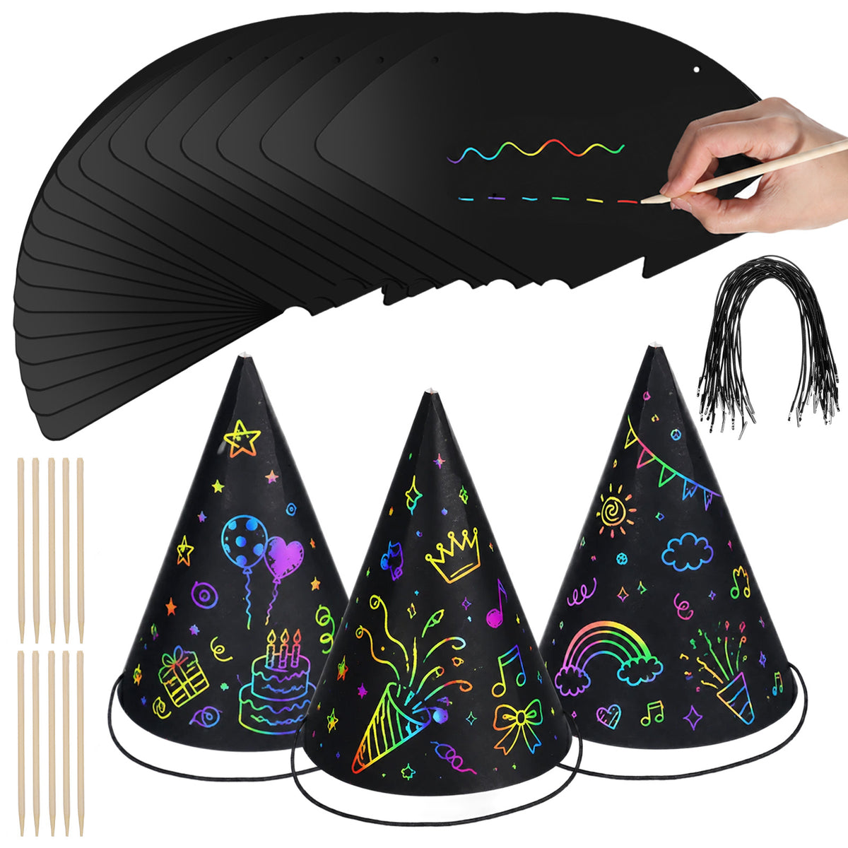 18 Pcs Black Scratch Party Hats for DIY Birthday Art Cone Hats