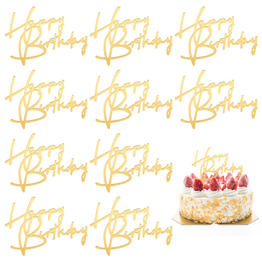 10 Pcs Side Happy Birthday Cake Topper, Gold Glitter Birthday Cake Topper, Gold Acrylic Happy Birthdays Cakes Decorations, Party Supplies