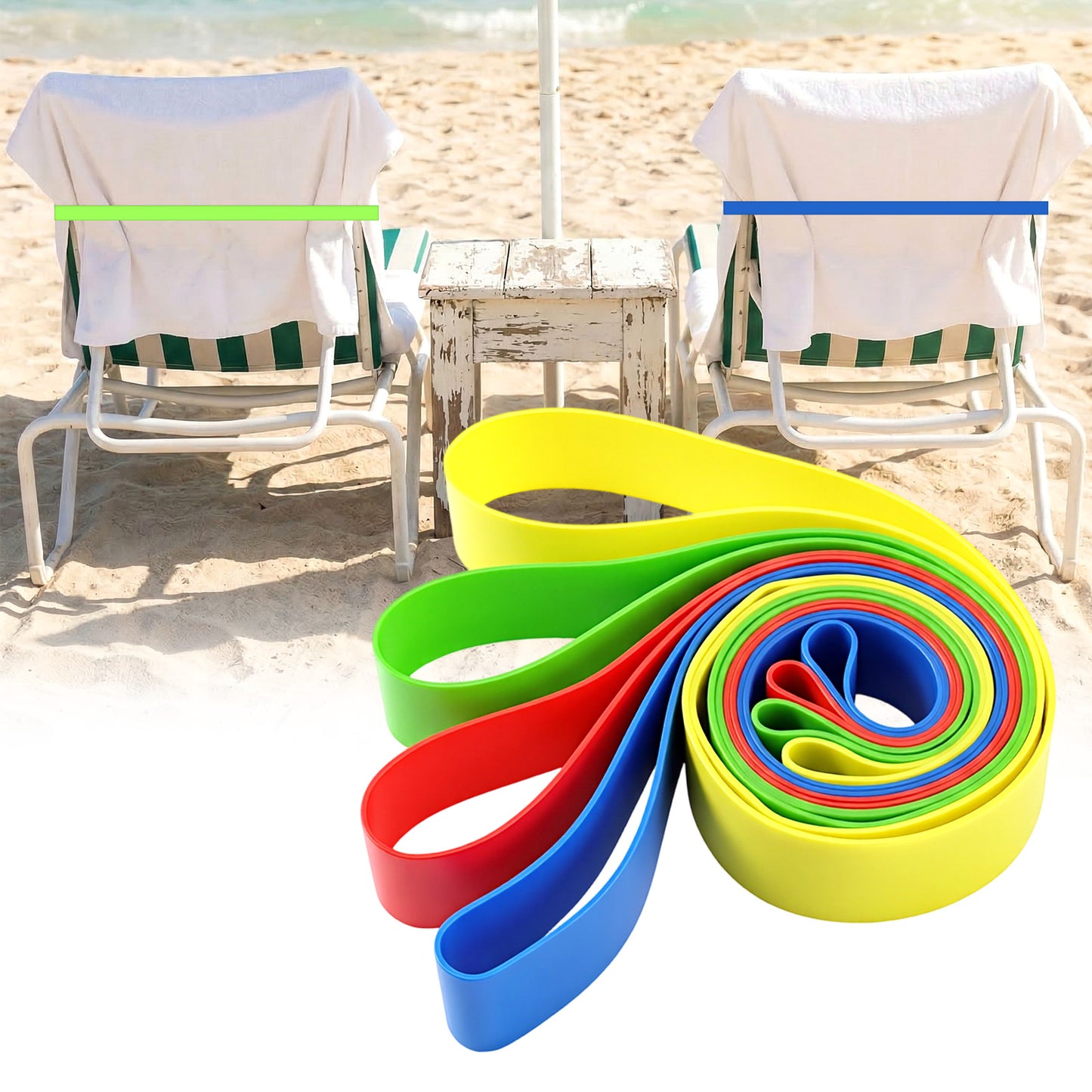 Grevosea 4 Pack Beach Towel Bands, Stretch Towel Clips for Beach Cruise Pool Chairs Elastic Silicone Clips Windproof Towels Holder Sea Towels Band Vacation Essentials 4 Colors