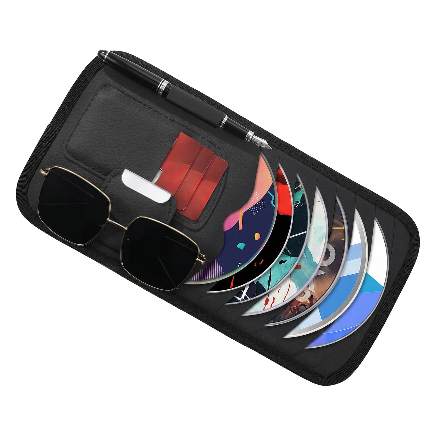 Kynigo Car CD Holder for Visor, 12-Disc CD Case for Car with Mesh Pocket & Pen Holder, Universal Vehicle Sun Visor Organizer accessory(Black, PU Material)