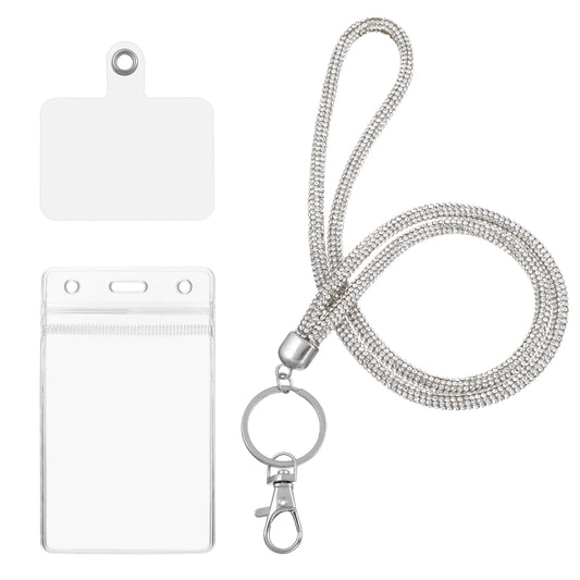 1 Pcs White Crystal Neck Lanyard, Sparkle Silver Crystal Neck Lanyard, Rhinestone Work Name Card Holder for Id Badge Holder Keys