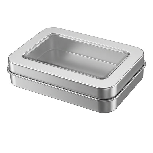 Axafazup Rectangular Hinged Metal Tin Container, Mini Portable Storage Box with Clear Lid, Small Empty Tin for Candy Keys Earrings Organization, 3.4 x 2.4 x 0.7 Inch, Silver