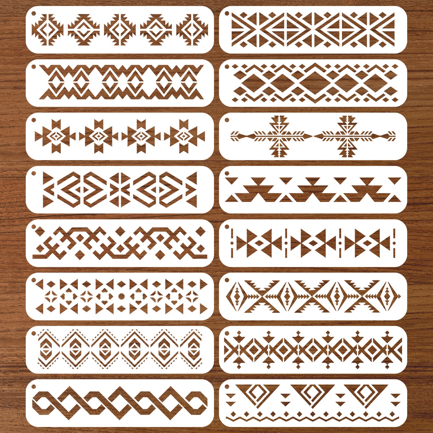 Aztec Stencils, 16Pcs Reusable Boho Border Templates, Geometric Templates for Painting on Walls, Wood, Furniture & Canvas, Tribal Stencils for Home Decor, 11.8" x 3"