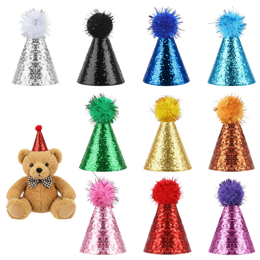 10 Pcs Mini Party Hats, Party Hats for Stuffed Animals, Multi-Color Glitter Adjustable Mini Birthday Hat With Tinsel Pom Pom for Small Pets, Dolls Decorations