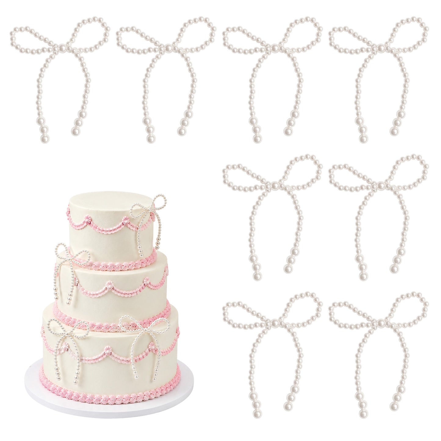 Grevosea 12Pcs Pearl Bow Cake Toppers, Bow Cupcake Toppers Pearl Decor White Bows for Cake Decorating Flower Bouquet Accessories Valentines Day Birthday Wedding Bridal Shower Party Decorations