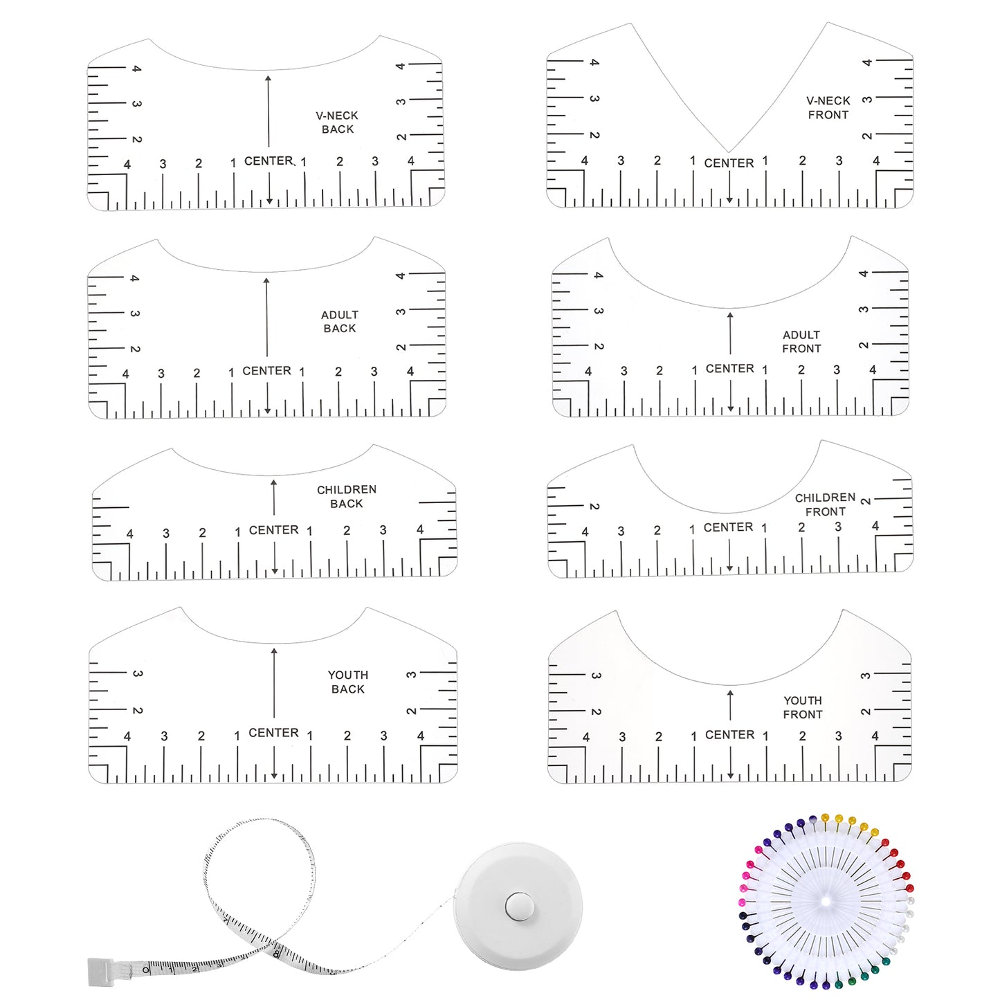 Grevosea 10 PCS Tshirt Ruler Guide for Heat Press, Transparent Tshirt Ruler with Measuring Tape V-Neck/Round Shirt Measurement Tool for Heat Press Alignment Front and Back Measurement