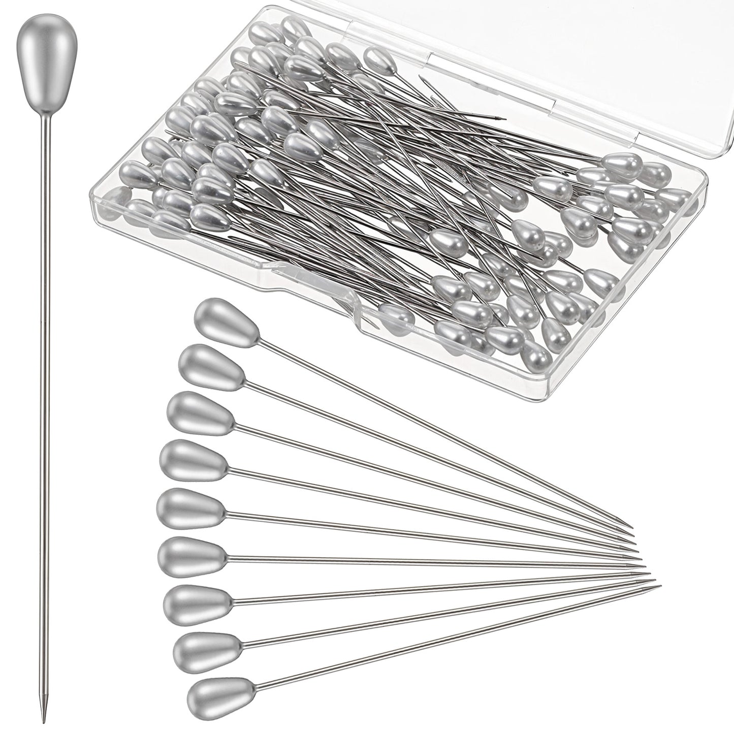 Thinp 100 Pcs Teardrop Corsage Pins, Boutonniere Pins Long Pearl Head Pin White Straight Head for DIY Crafts Jewelry Making Sewing Wedding Bouquet Decorations