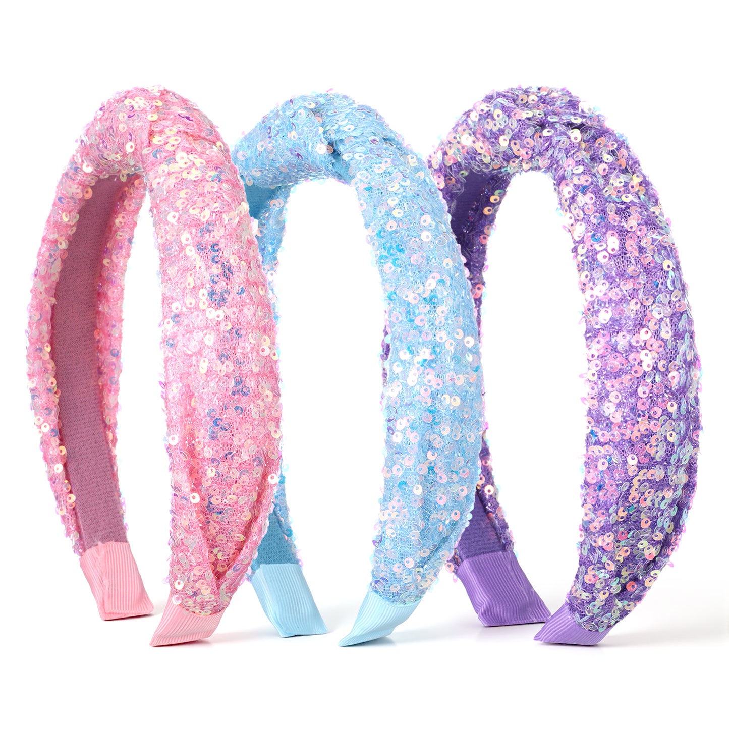 PEOVLVN 3 Pcs Knotted Headbands for Girls, Glitter Sequin Headband for Women Cute Head Bands Hair Accessories for Girls Easter Basket Stuffers Summer Outdoor Outfits (Purple, Blue, Pink)