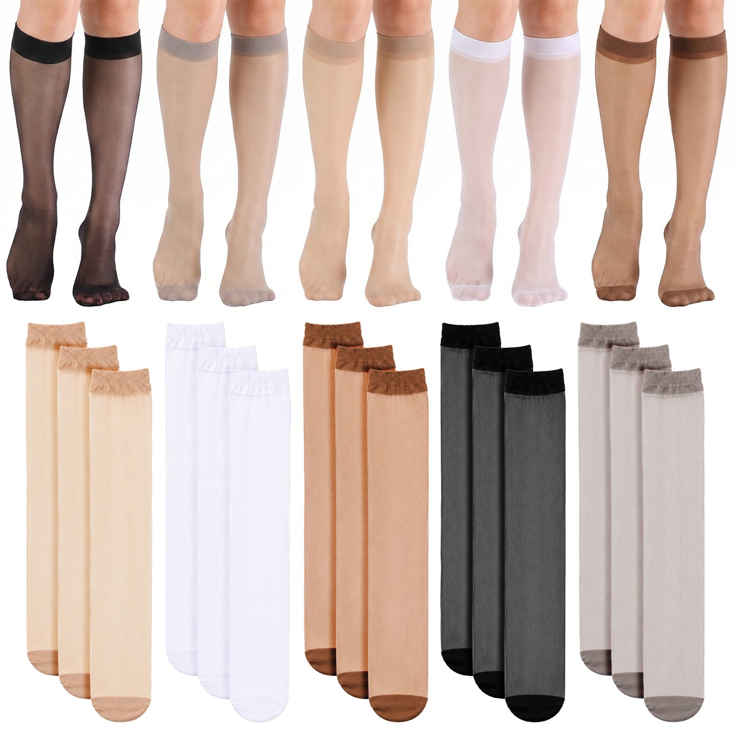 15 Pairs Women's Knee High Stockings, Nylon Toe Sheer Knee High Stocks