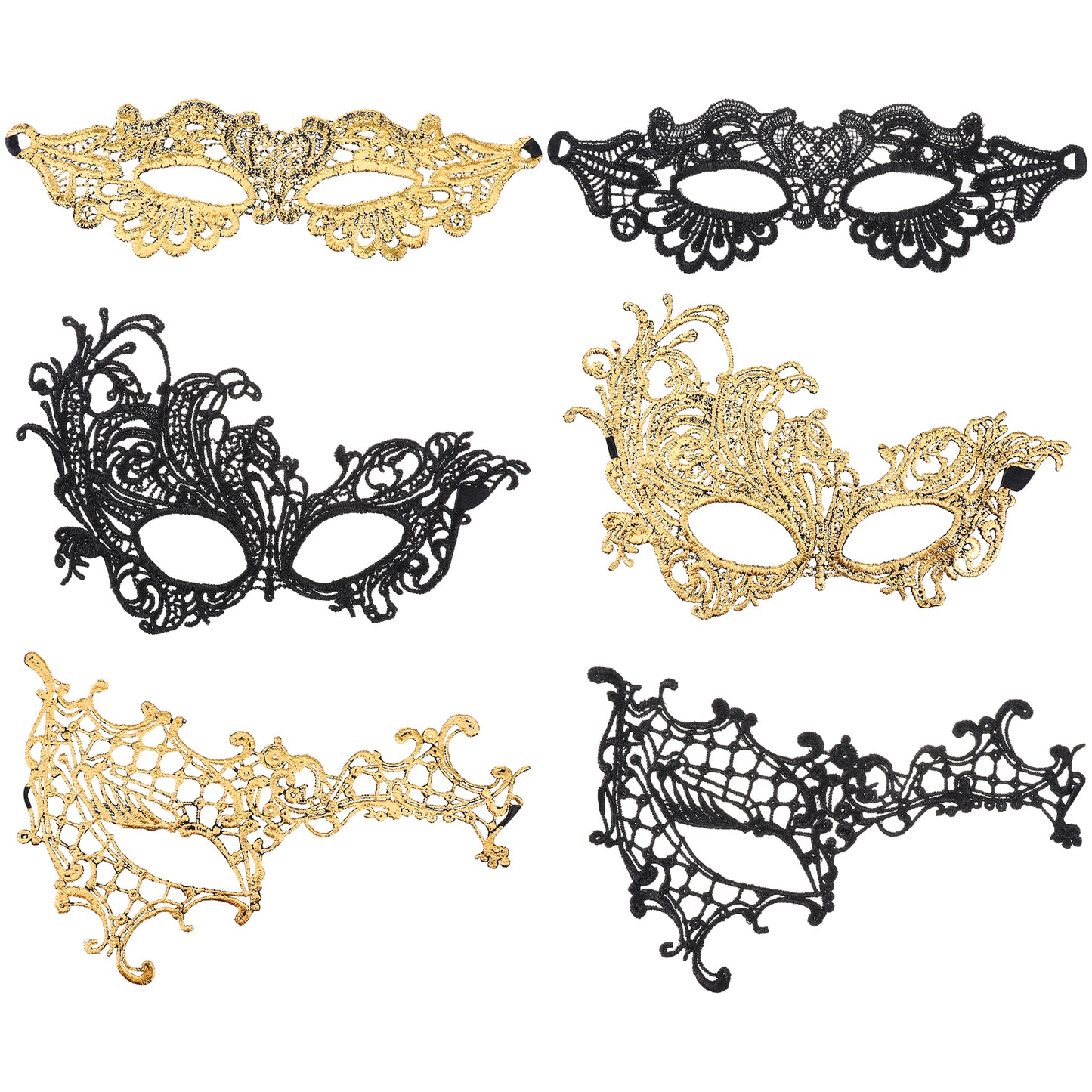 Yuanan 6Pcs Masquerade Mask for Women and Men, Venetian Lace Mask in Black and Gold, Adjustable Knitted Half Maskes for Masquerade Party, Fancy Dress Ball, Carnival Events