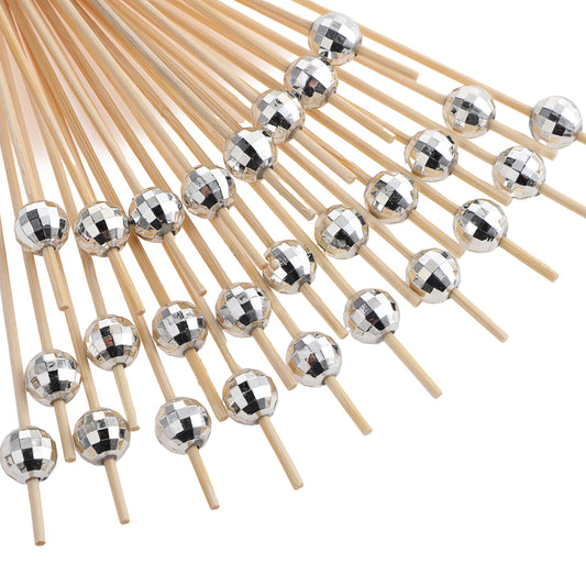 100 Pack Disco Ball Cocktail Picks Disco Ball Toothpicks 4.7 Inch Fancy Toothpicks Silver Disco Ball Decorations Wooden Cocktail Sticks Skewers for Appetizers Drinks Food