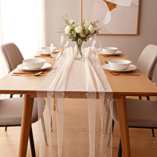 1 Pack Pearl Table Runner, 10ft Tulle Table Runner with Pearls, 118×31in Sheer Lace Runners for Wedding, Bridal Shower, Birthday Party and Home Dining Tables