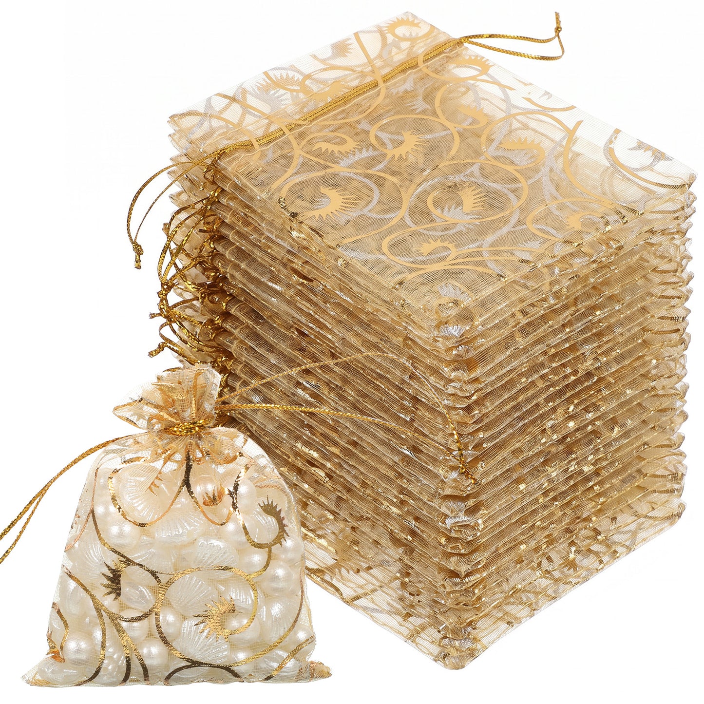 Ajcotahm 50Pcs Organza Gift Bags, 2.7 x 3.5 Inches Gold Jewelry Bags with Drawstring Small Sheer Mesh Party Favor Pouch for Wedding Birthday Valentine's Day Bridal Shower Christmas