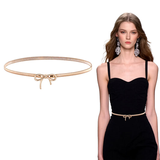 YQQYG Skinny Metal Waist Belt for Women, Bow Belt, Adjustable Stretchy Thin Waistband, Gold Belts for Dresses Jeans