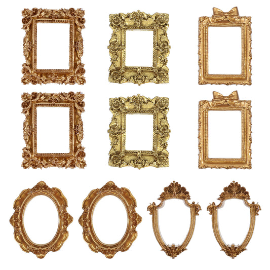 10 Pcs Mini Vintage Picture Frames, Gold Vintage Photo Frame, Tiny Miniature Picture Frames Gold Baroque Antique Resin Photo Frame for DIY Crafts Display, Wall Desktop Home Decor