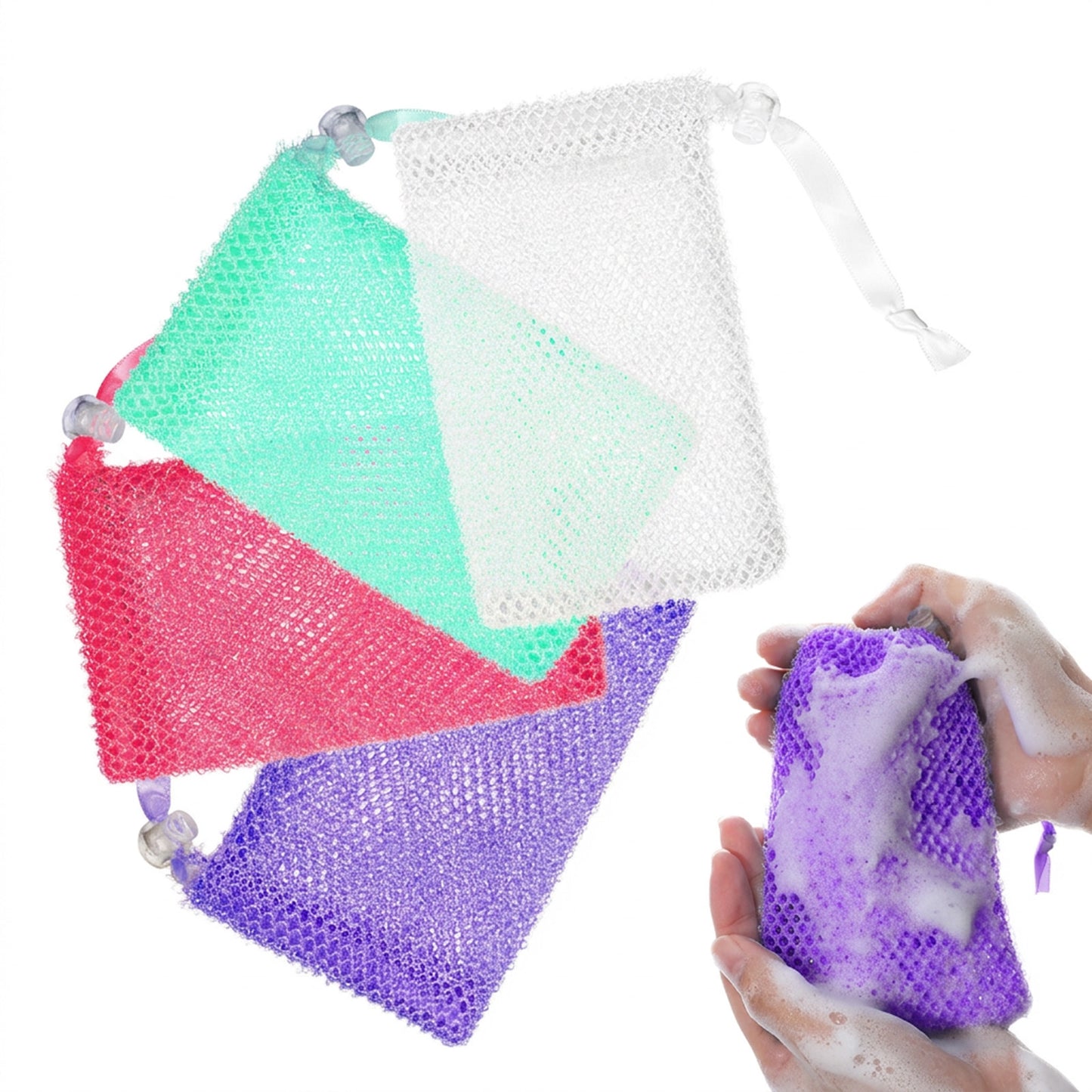Exfoliating Soap Bags for Shower, 4Packs Exfoliating Soap Bar Bag with Drawstring Travel Soaps Bar Bags, Drawstring Wash Bag (4 Colors, 5.5 x 3.5 in)