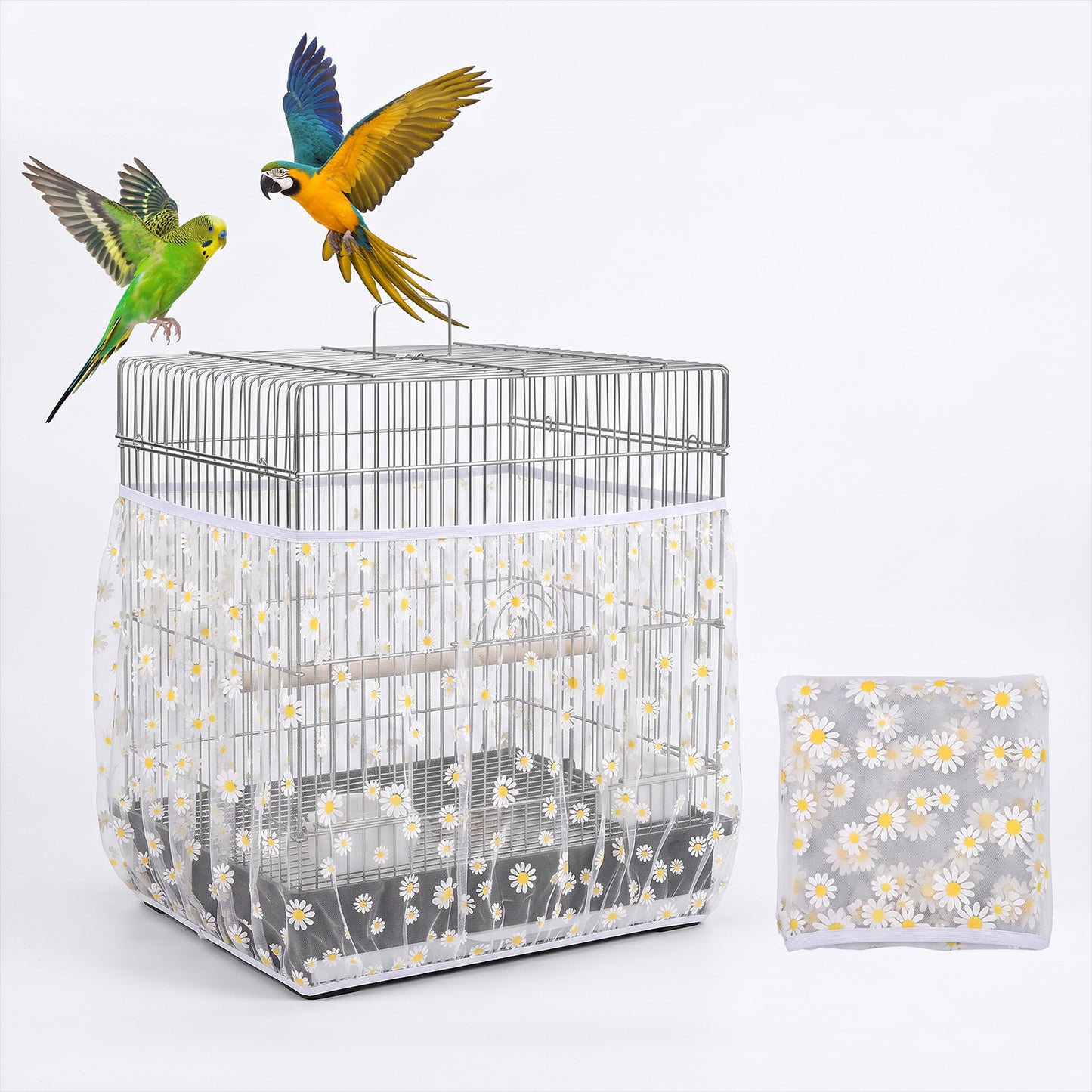 Azefnuhk Bird Cage Seed Catcher Net Cover, Adjustable Breathable Mesh Parrot Cage Skirt Guard for Parrot Cockatiel Budgie Fits Round Square Cages(Daisy-White, 59''-87"x15.7")
