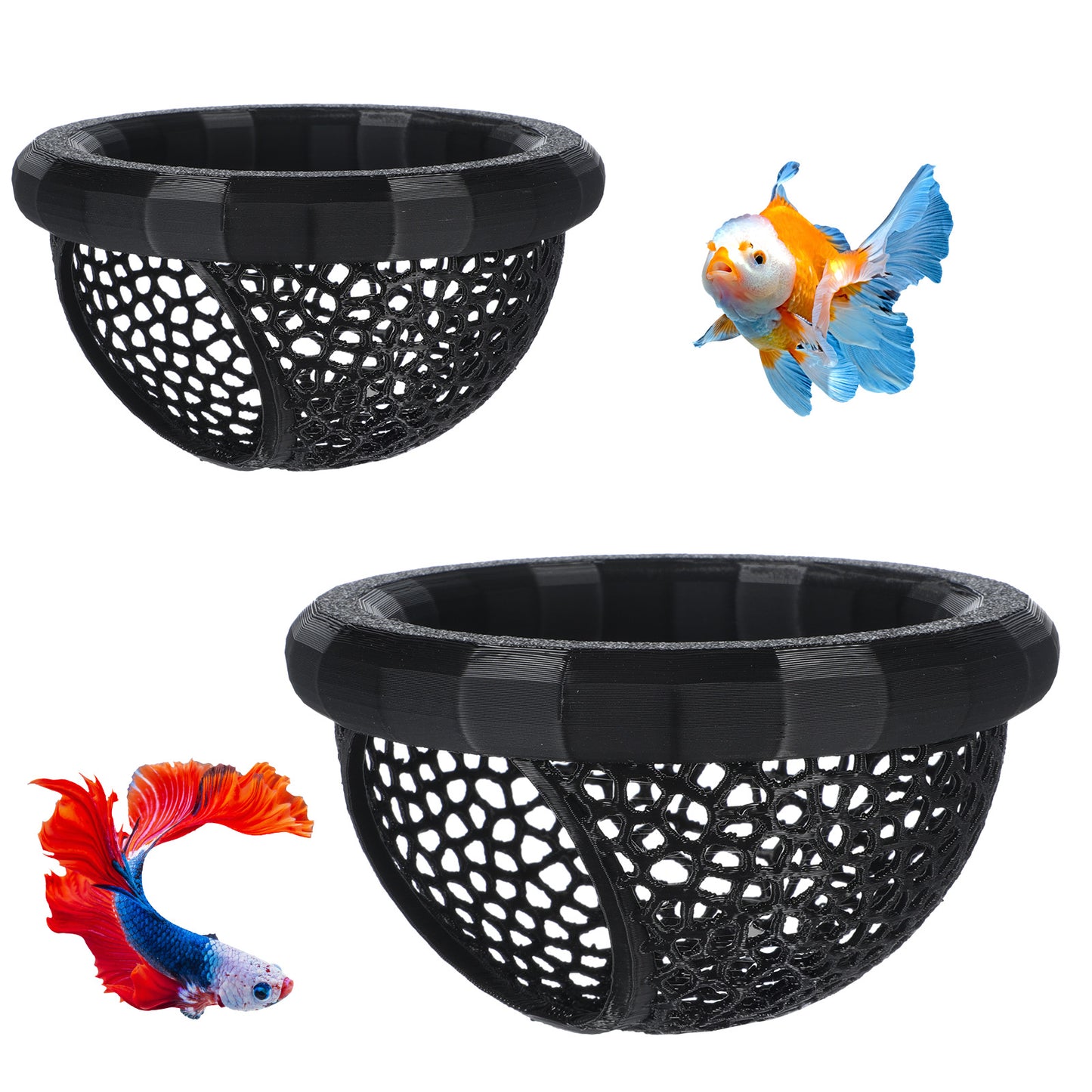 2Pcs Floating Betta Hammock & Shrimp Cave, 3D Printed Aquarium Decor with Feeding Ring in 2 Sizes, Betta Fish Hammock for Shrimp & Small Fish, Fishes Tank Accessories (Black)