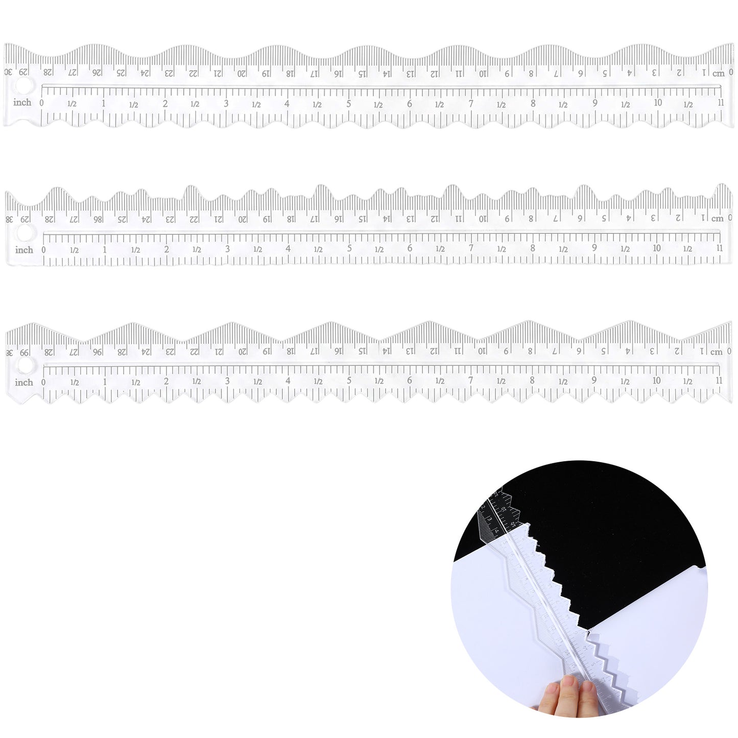 3Pcs Acrylic Paper Tearing Ruler, 12 Inch Multi-Functional Craft Ruler For Wavy, Jagged, Irregular Edges, Measuring Tool For DIY, Drawing, Office, School