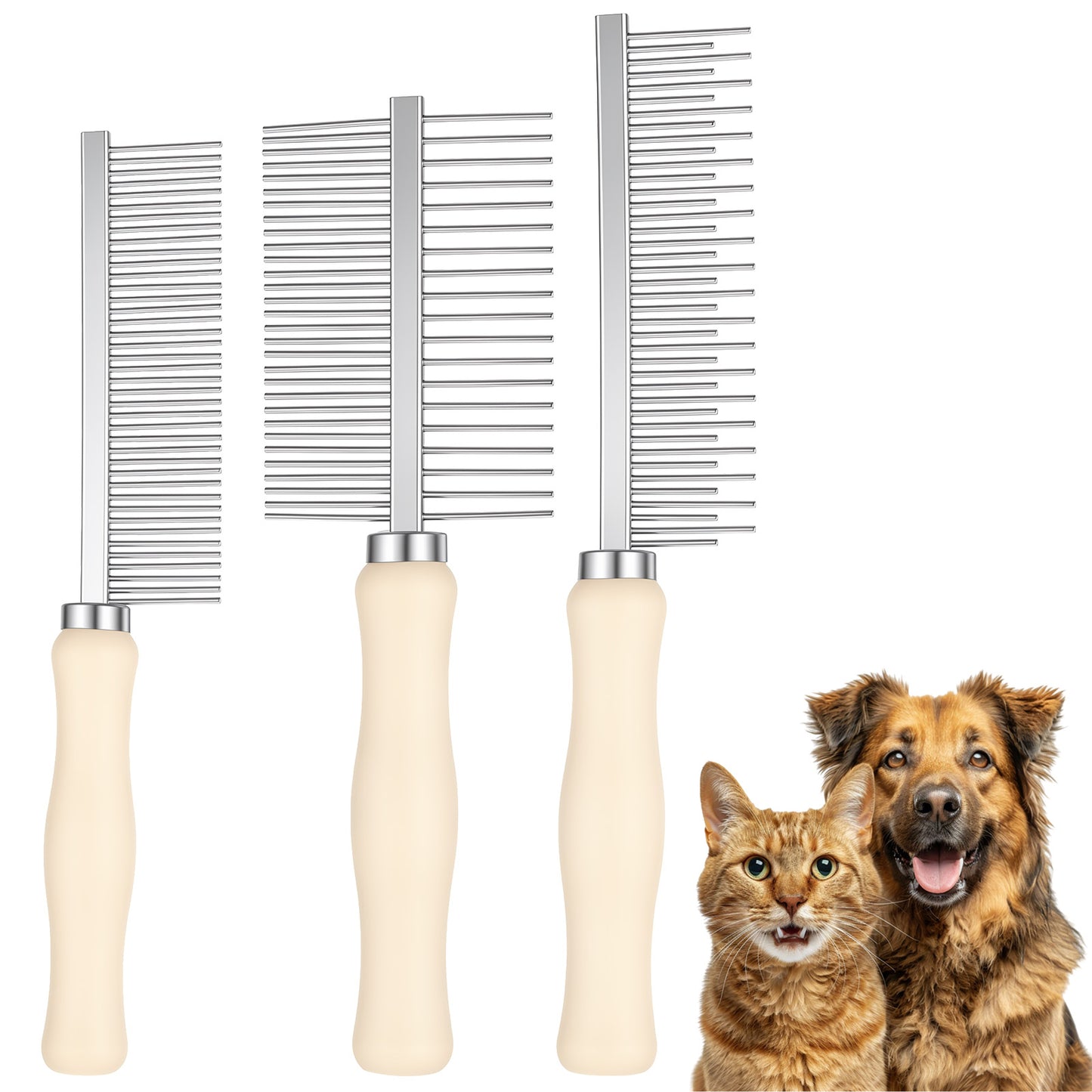 3 Pcs Metal Comb for Dogs, Dog Combs for Grooming Matting with Wooden Handle, Pet Grooming Comb for Dogs and Cats, Prevents Hair Pulling