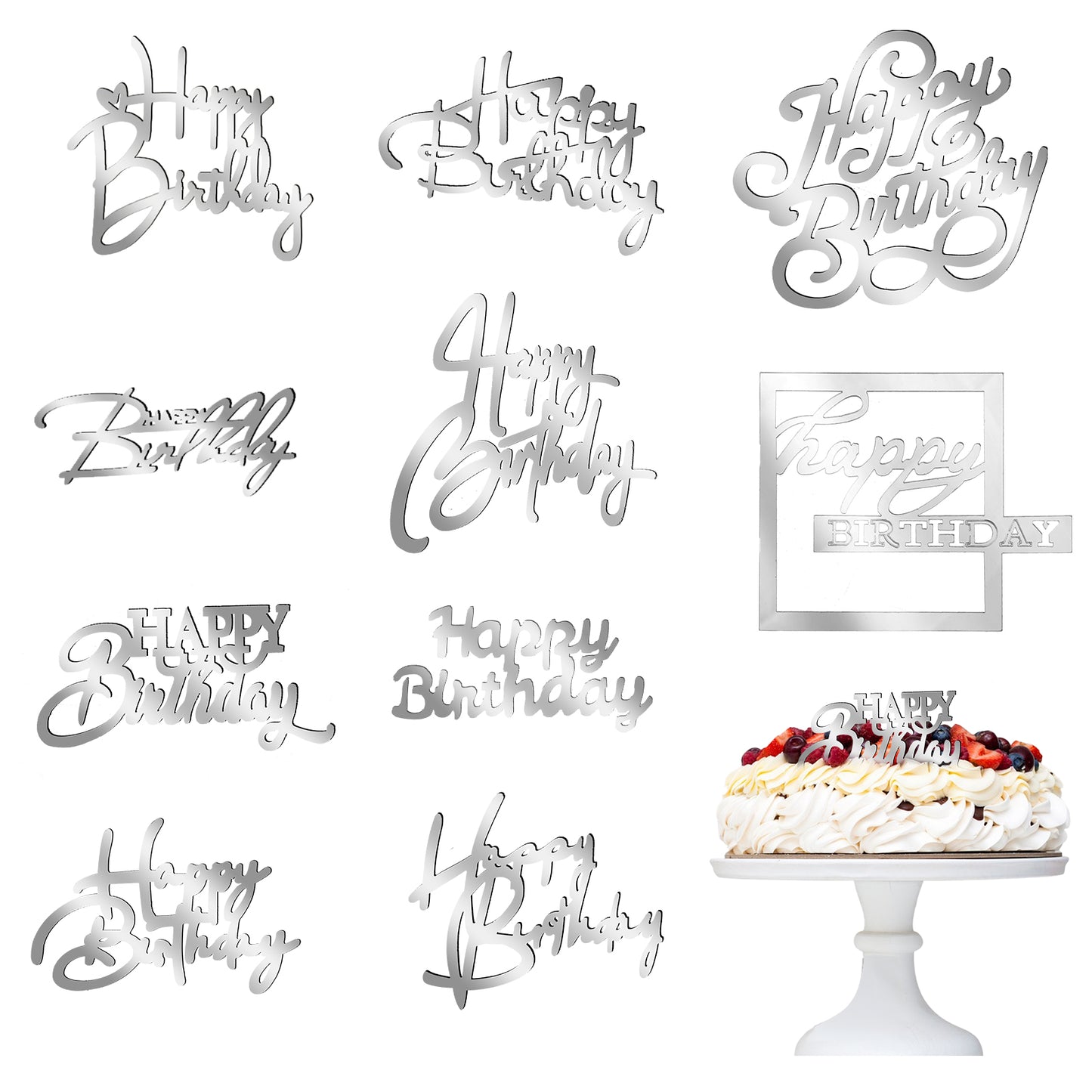 10 PCS Silver Happy Birthday Cake Toppers, Mirror Acrylic Birthday Cake Toppers, Silver Glitter Happy Birthday Cake Decoration, Cupcake Toppers for Birthday Party Cake Desserts Pastries, 10 Styles