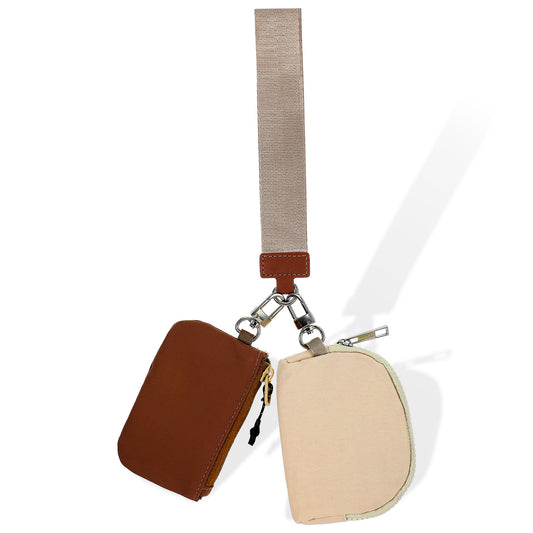 Thinp Dual Pouch Wristlet Portable Wallet Keychain Detachable Dual Pouch Wristlet Wristlet Keychain with Wallet Mums Memory Mini Zip Around Wristlet Wallet Keychain Wallet for Women,Beige with Brown