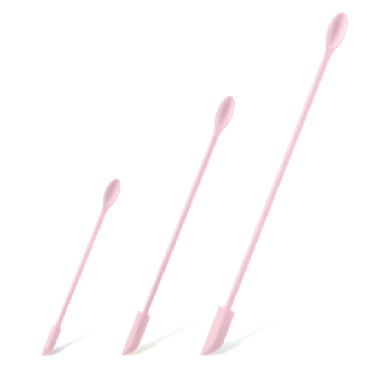 ZEYIYER 3PCS Makeup Spatula, Mini Spatula Silicone Jar Spatula Small Skinny Spatula Tiny Spoon Set, Reusable Bottle Spatula for Honey Butter Liquid Foundation Lotion Cream Nail Polish(Pink)