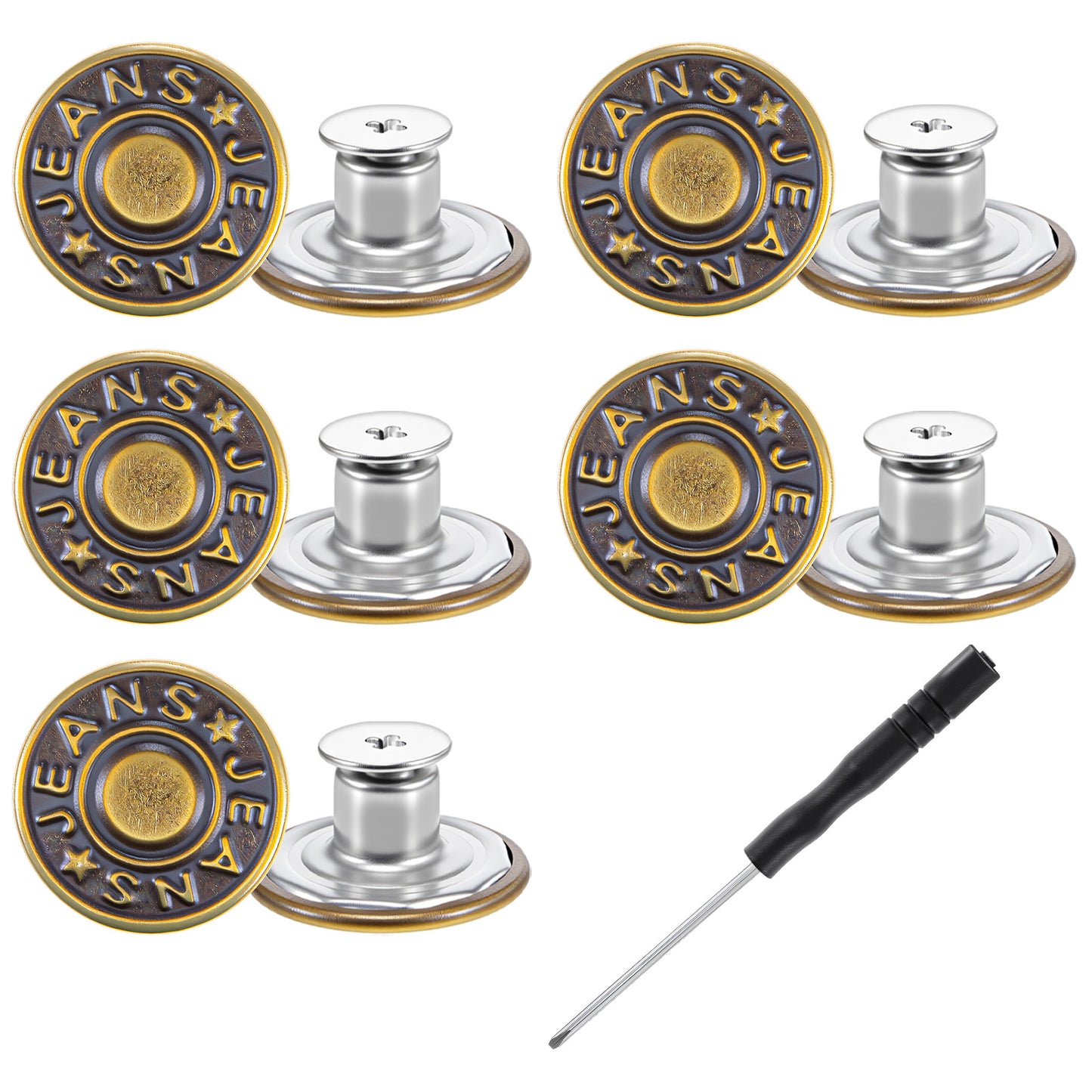 10 Sets Jean Buttons for Loose Jeans, 17mm Jean Button Replacement, Removable Jean Buttons Replacement Repair Kit with Threads Rivets and Screwdriver, Zinc Alloy Jeans Button Repair Kit
