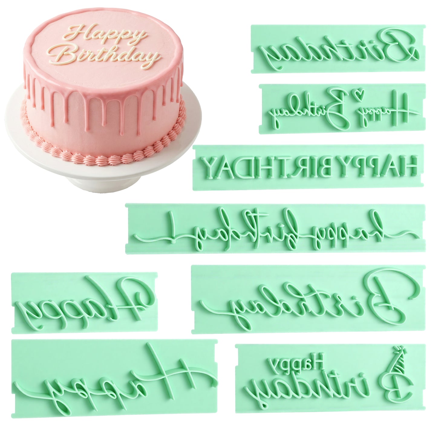 8Pcs Cake Decorating Kit, Happy Birthday Fondant Stamp Cookie Stencils Fondant Decorations Tools Letters Embosser for DIY Cake Decorating Printing