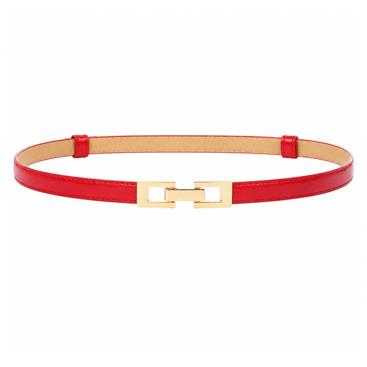 Axafazup Red Belt for Women, Thin PU Leather Adjustable Waist Belt with Gold Buckle for Dresses Jeans, 0.5in Width Fits Waist 21"-37.4"