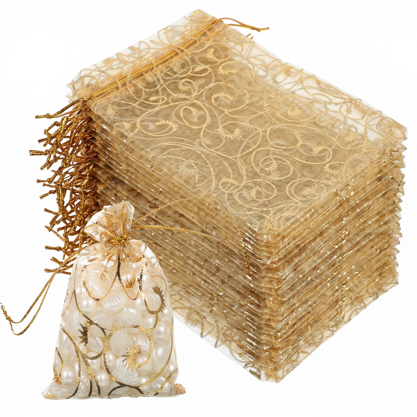 Ajcotahm 50Pcs Organza Gift Bags, 4 x 6 Inches Gold Jewelry Bags with Drawstring Small Sheer Mesh Party Favor Pouch for Wedding Birthday Valentine's Day Bridal Shower Christmas
