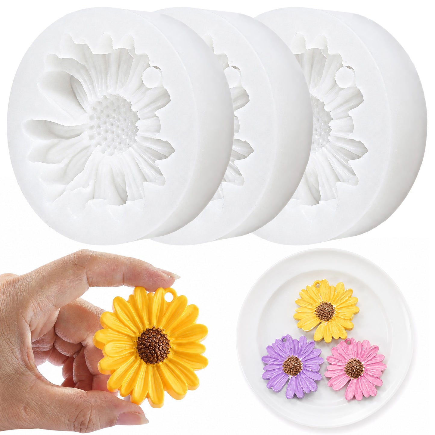 Daisy Flower Silicone Molds, 3 Pcs Silicone Candle Mold, 3D Flower Candle Molds for Candles Making Handmade Soaps, Bath Bombs, Lotion Bars, Resin Crafts, Concrete Decorations