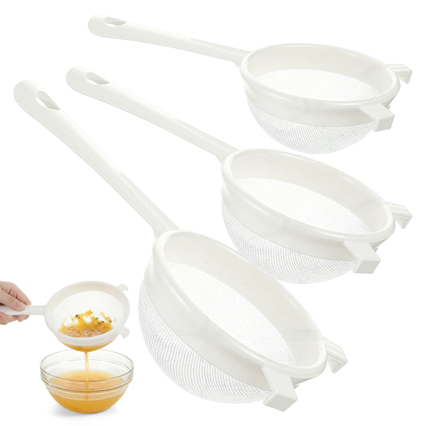 3PCS Plastic Nylon Strainer Set, 3 Sizes Ultra Fine Mesh Strainer for Juicing Kefir Grains Yogurt and More, Food-Grade Nylon Mesh Colander with Handle for DIY Crafts Baking Stuff