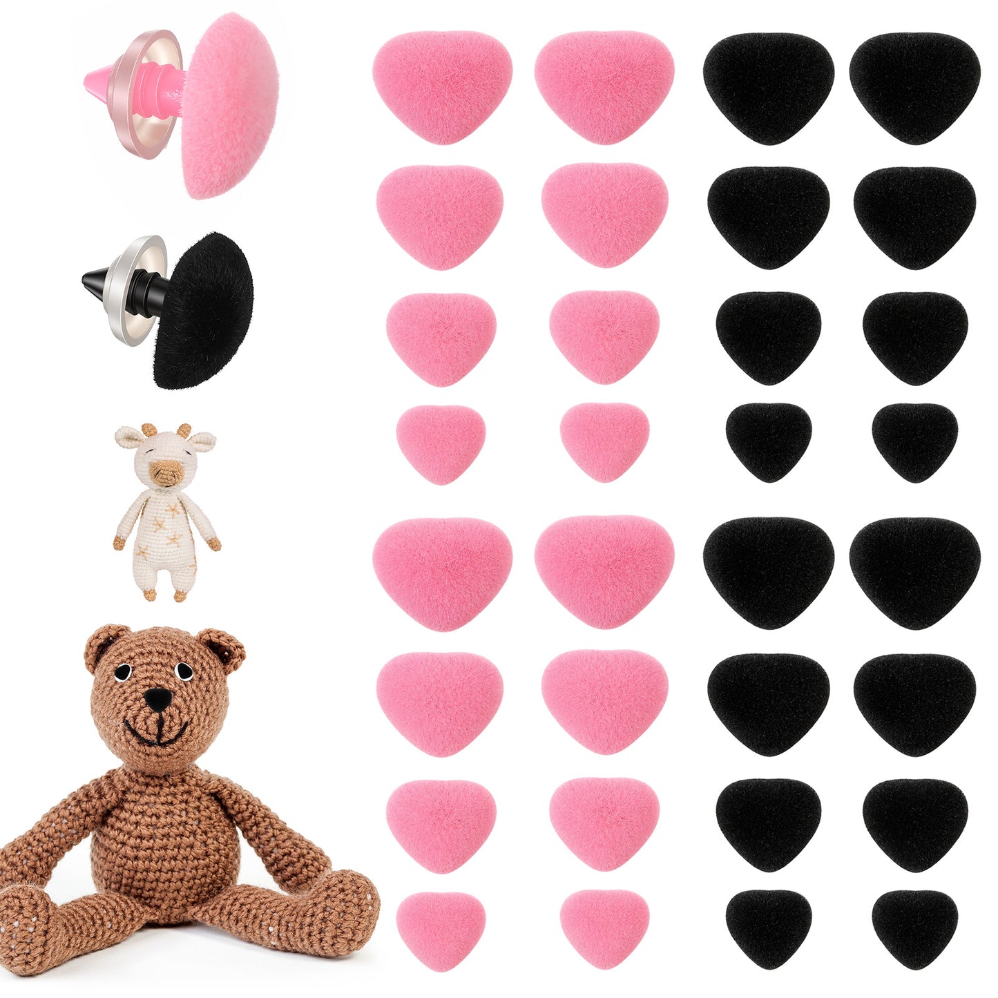 Apojgitn 32PCS Safety Noses for Crochet Animals, 11/15/17/18mm Plastic Animal Safety Nose with Washers for Craft Button for Stuffed Animal Toy Doll Puppet Plush Bear Accessories-Pink Black