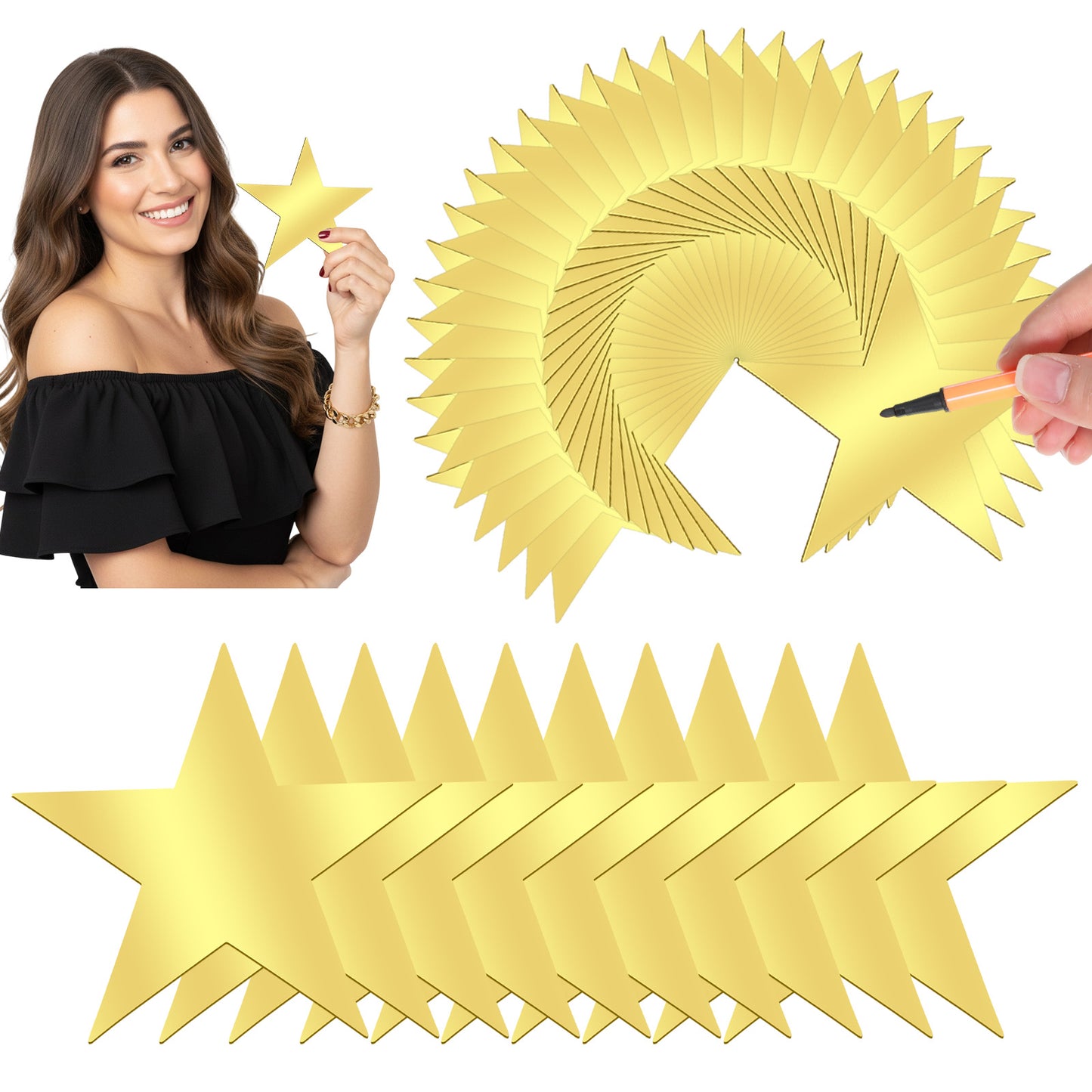 Thinp 50 Pcs Gold Stars Cutouts, Double Printed Star Cutouts 6 Inch Cardboard Stars Cutout Glitter Paper Star Decorations for Bulletin Board Wall Party Decoration (Gold)