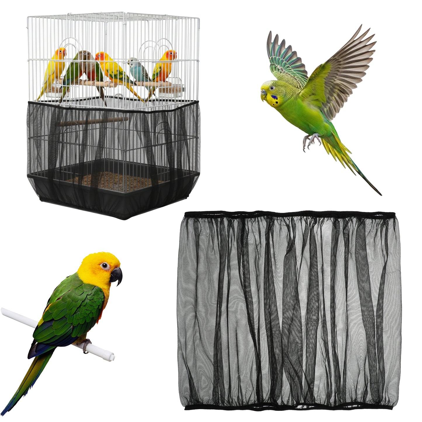 Axafazup Bird Cage Seed Catcher Net Cover, Black Adjustable Breathable Mesh Parrot Cage Skirt Guard for Parrot Cockatiel Budgie Fits Round Square Cages