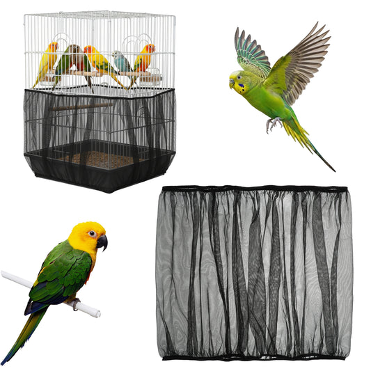 Axafazup Bird Cage Seed Catcher Net Cover, Black Adjustable Breathable Mesh Parrot Cage Skirt Guard for Parrot Cockatiel Budgie Fits Round Square Cages