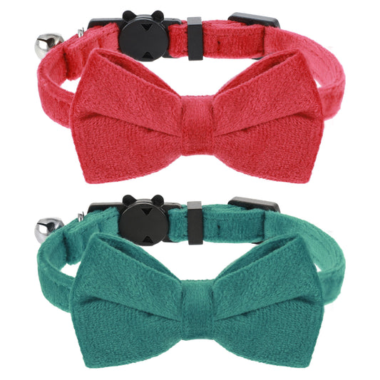 Velvet Cat Collar Cat Bow Tie Cat Breakaway Collar Adjustable Cat Collar with Bells Safety Cat Bell Collar for Kitten Cats Small Puppy, 2 Pack, Red + Green