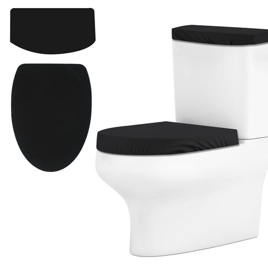 ZEYIYER Toilet Cover Set, Toilet Seat Cover and Toilet Tank Cover, Bathroom Soft Toilet Lid Cover Replacement Set with Elastic Bottom for Bathroom Decor(Black)