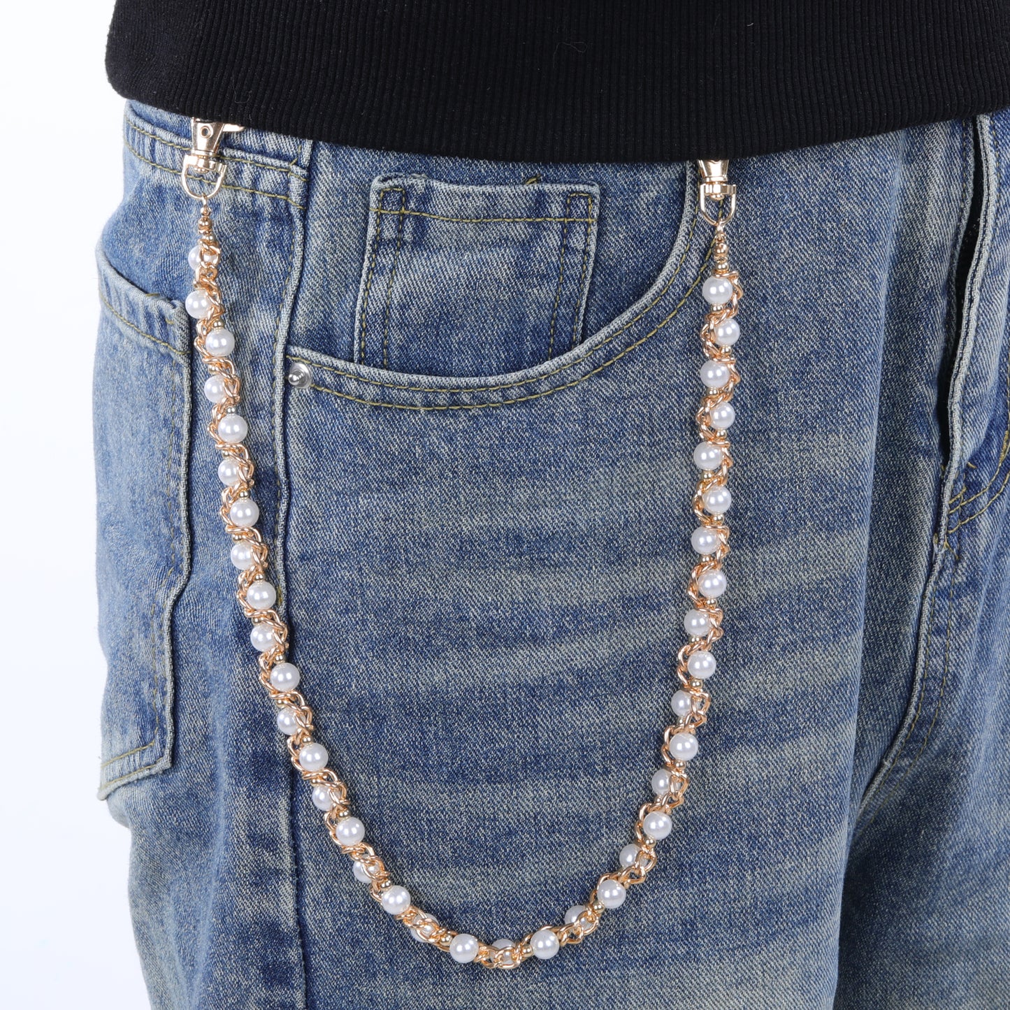 "Hip Hop Pearl Wrap Trousers Chain, Gothic Rocker Body Chain, Rock Non-mainstream Waist, Suitable for Men & Women, Ideal for Jeans, Pocket, Trousers Hipster Clothing Accessory (Gold)