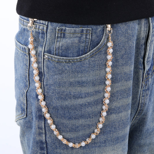 "Hip Hop Pearl Wrap Trousers Chain, Gothic Rocker Body Chain, Rock Non-mainstream Waist, Suitable for Men & Women, Ideal for Jeans, Pocket, Trousers Hipster Clothing Accessory (Gold)