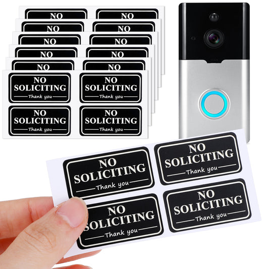 Thinp Small No Soliciting Sign for House, 24 Pack Mini No Soliciting Sign Sticker 1.38 X 0.67 Inches Weatherproof and Sturdy Fit for Most Doorbells Wall Window Prevent Annoying Interruptions (Black)