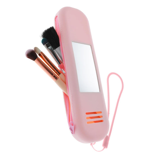 Upgrade Makeup Brush Holder Travel Silicone Makeup Brush Bag Make Up Brush Case with Mirror Makeup Bag Organizer with Zipper Small Makeup Pouch Cosmetic Travel Case for Daily Work(pink)
