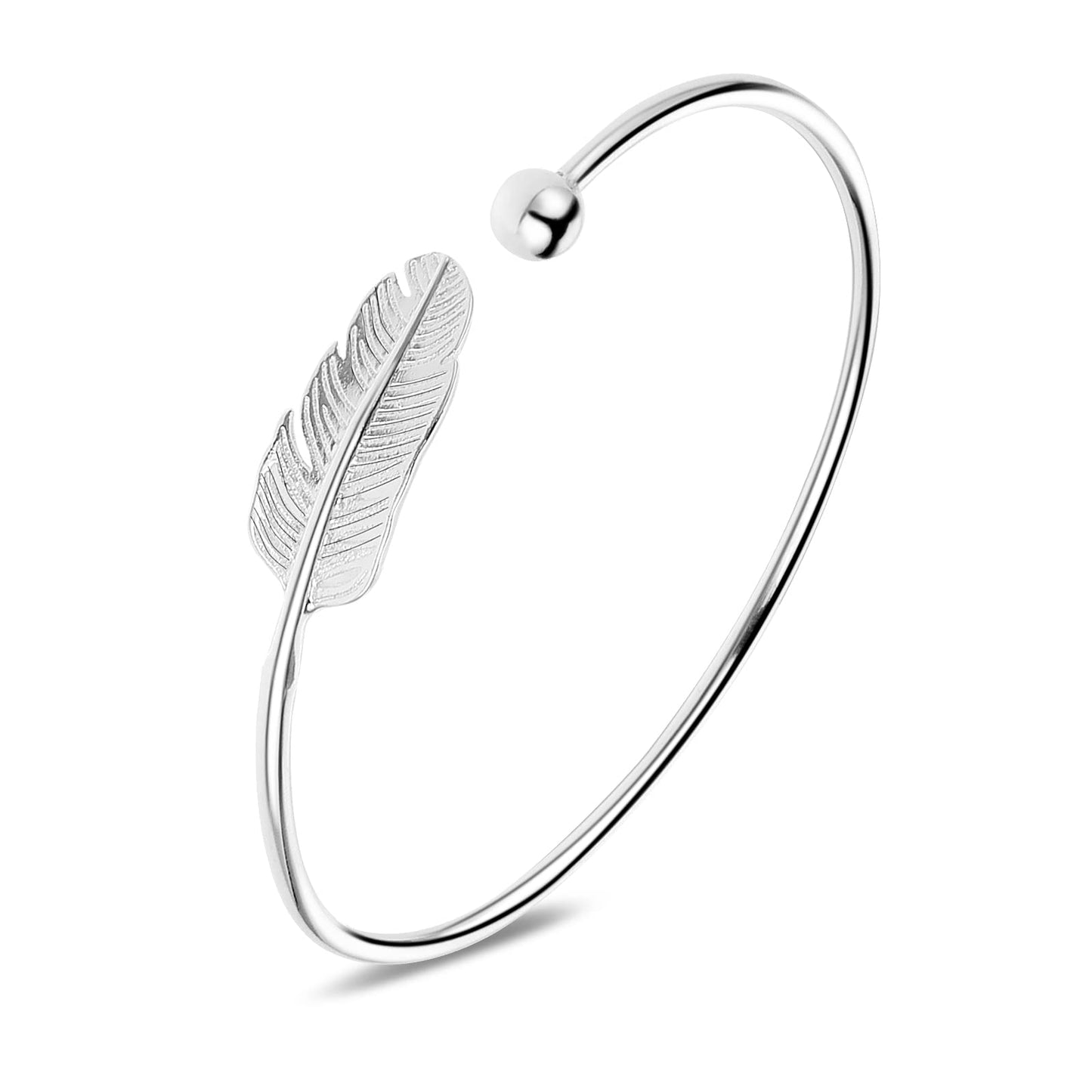 ASTER Silver Feather Bangle Bracelet Adjustable, Fidget Bracelet Bangle Jewelry Gift for Women Girls Ladies Birthday Valentine Graduation Gift