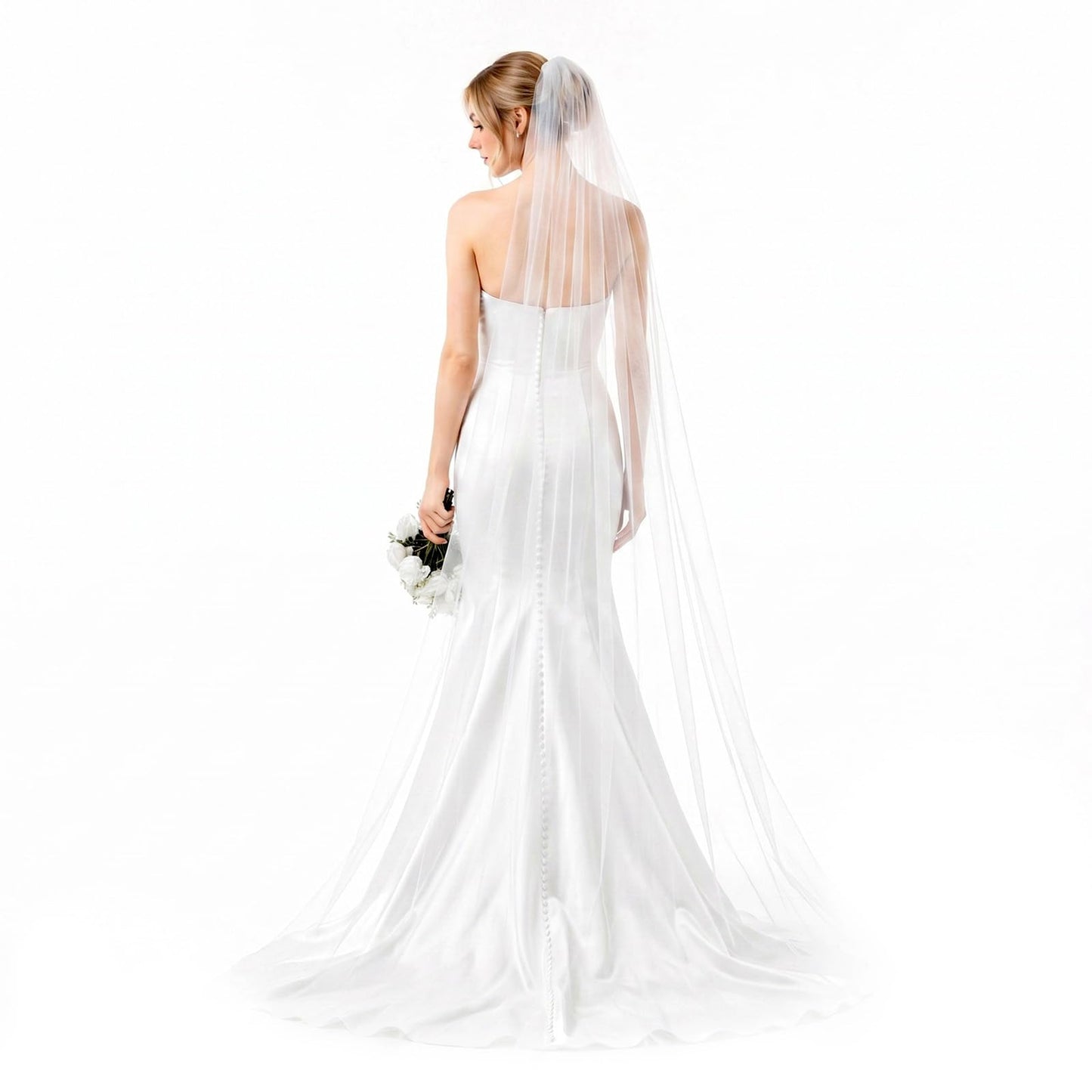 White Long Veil for Bride, 118 Inch Floor Length Veil with Metal Comb
