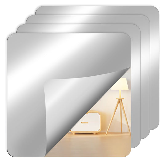 ZEYIYER 4 Pcs Plastic Mirror Stickers, 6 inch Adhesive Mirrors for Walls, Soft Round Corners Acrylic Sticky Mirrors for Crafts Bathroom, Home, Living Room, Bedroom Decor