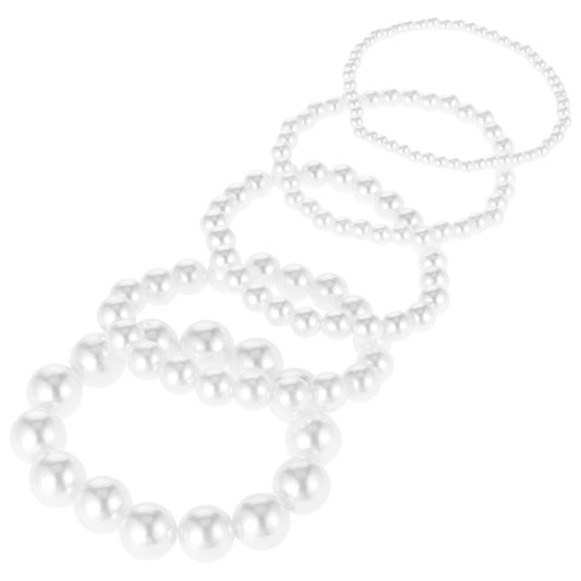 LLOUSSAK 5Pcs Stackable Pearl Bracelets for Women, Dainty Pearl Beaded Bracelet Stretch Bridesmaid Bracelets Stack, Elastic Faux Pearls Bracelets for Brides Wedding Bridal Party Jewelry Gifts (White)